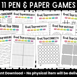 May include: A printable set of 11 road trip themed pen and paper games. The games include hangman, word search, word scramble, tic-tac-toe, trivia, name the state, maze craze, mad libs, dots and boxes, and connect 4. The games are designed to be played on a road trip.