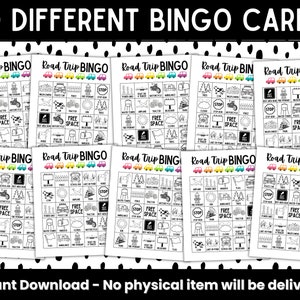 May include: Ten printable bingo cards with a road trip theme. Each card has a 5x5 grid with images of common road trip sights, such as a stop sign, a tractor, a water tower, and a school bus. The cards are black and white with colorful accents.