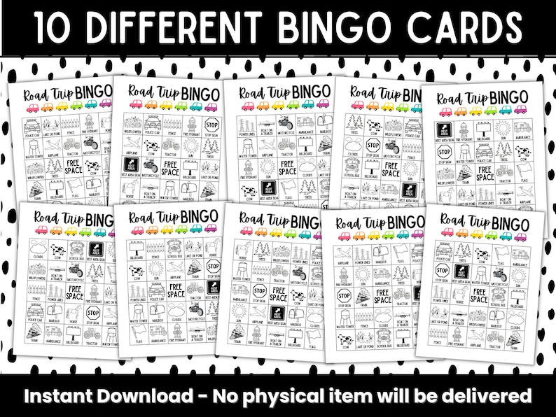 May include: Ten printable bingo cards with a road trip theme. Each card has a 5x5 grid with images of common road trip sights, such as a stop sign, a tractor, a water tower, and a school bus. The cards are black and white with colorful accents.