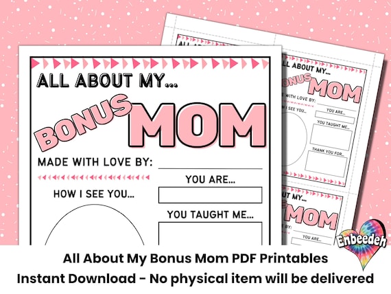 Bonus Mom Gift | All About My Bonus Mom | Mother's Day Gift | Mother's Day Printable | Mother's Day Questionnaire Kids