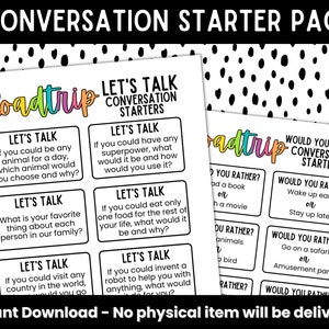 May include: A printable set of two pages with conversation starters for a road trip. The pages are white with black polka dots and feature colorful text. The first page has the title "Roadtrip Conversation Starters" and includes questions like "If you could be any animal for a day, which animal would you choose and why?" and "What is your favorite thing about each person in our family?" The second page has the title "Would You Rather? Conversation Starters" and includes questions like "Would you rather wake up early or stay up late?" and "Would you rather go on a safari or an amusement park?"