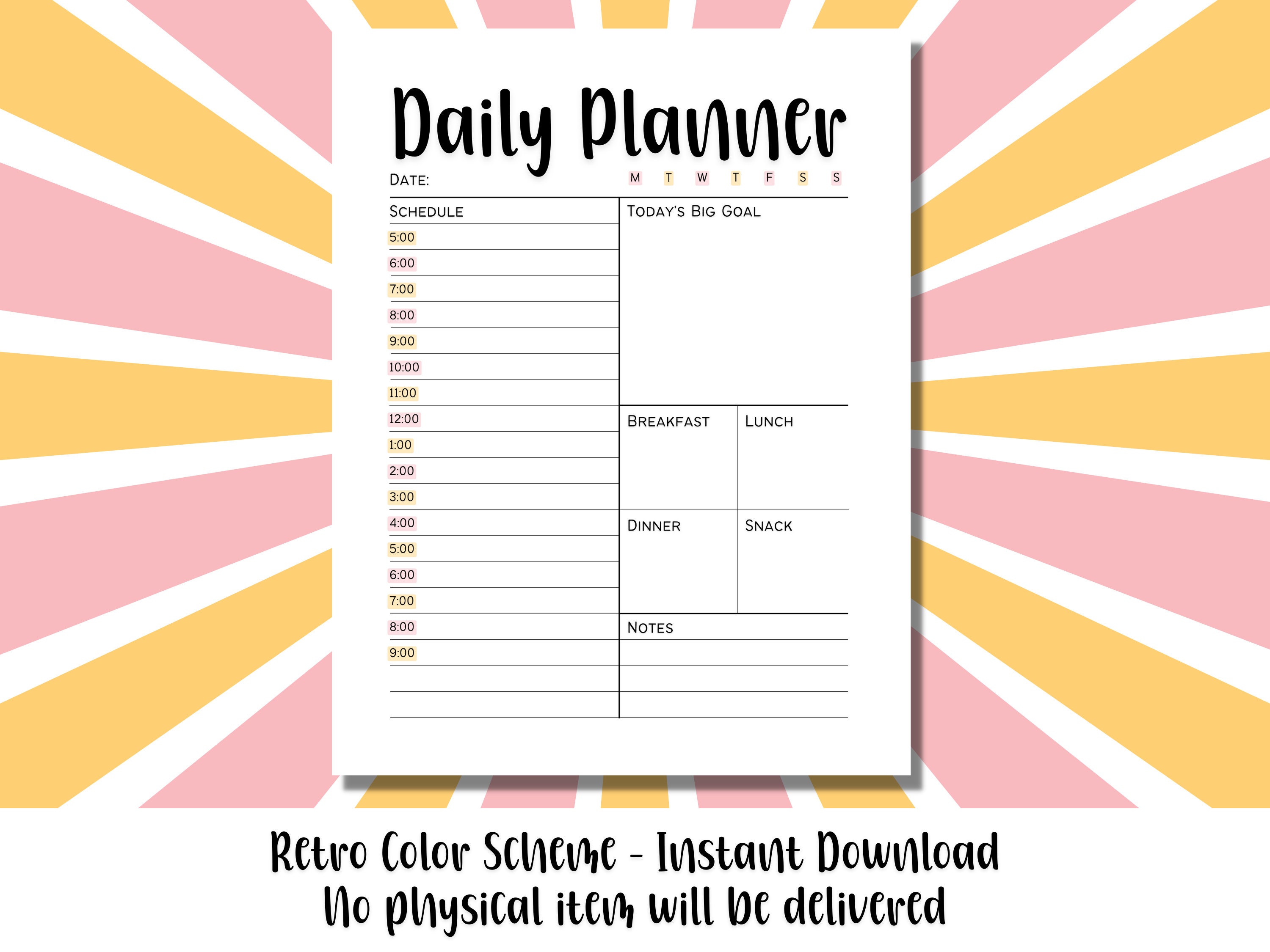 Simple Day Planner Hourly Daily Planner Printable | Retro Simple Day Planner | Plan by the ...