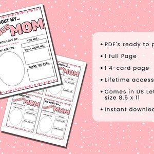 Op de afbeelding: Een afdrukbaar PDF-document met de tekst "ALL ABOUT MY BONUS MOM" in roze en zwart. Het document bevat invulsecties voor het personaliseren van een eerbetoon aan een moederfiguur. De afbeelding toont ook een pagina met 4 kaarten en een volledige pagina.