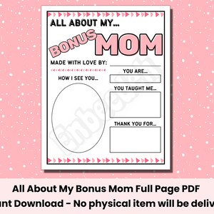 Op de afbeelding: Een afdrukbaar PDF-document met de tekst "ALL ABOUT MY BONUS MOM" in roze en zwart. Het document bevat invulvelden om een bericht te personaliseren, met ruimte voor een foto. Het document staat op een witte achtergrond.