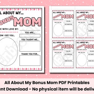 Op de afbeelding: Een witte printbare pagina met de tekst "ALL ABOUT MY BONUS MOM" in roze. De pagina bevat invulsecties om een bericht te personaliseren, met een roze en witte achtergrond. De afbeelding toont ook een set van vier kleinere printables.