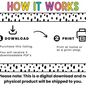 May include: A white and black polka dot background with a white box containing instructions on how to download and print a digital product. The text says "HOW IT WORKS" in rainbow colors. The text in the box says "1 DOWNLOAD" with a download icon and "2 PRINT" with a printer icon. The text below the icons explains that you will receive 3 downloadable PDFs and that you can print at home or at a print shop. The text at the bottom of the image says "Please note: This is a digital download and no physical product will be shipped to you."