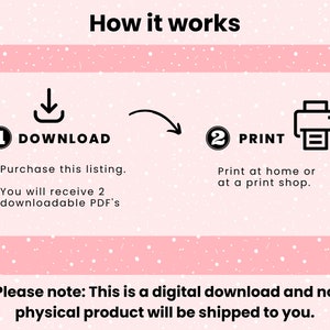 Op de afbeelding: Roze afbeelding die uitlegt hoe een digitale download werkt. De stappen zijn downloaden en afdrukken. De tekst zegt dat je 2 downloadbare PDF's ontvangt. Het is een digitale download en er wordt geen fysiek product verzonden.