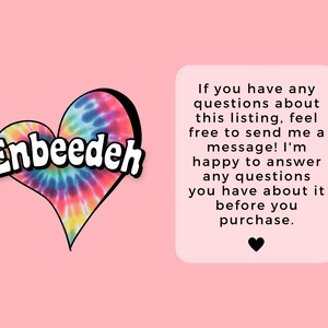 Op de afbeelding: Roze achtergrond met een hartvormige afbeelding met een tie-dye patroon in blauw, rood, geel en groen. Het woord "Enbeedeh" staat in witte letters op het hart. Een tekstvak biedt klantenservice-informatie.