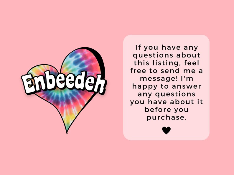 Op de afbeelding: Roze achtergrond met een hartvormige afbeelding met een tie-dye patroon in blauw, rood, geel en groen. Het woord "Enbeedeh" staat in witte letters op het hart. Een tekstvak biedt klantenservice-informatie.