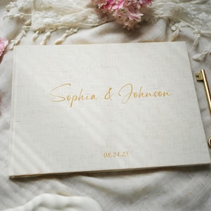 Libro de firmas de boda minimalista, álbum de firmas de lino personalizado, elegante recuerdo para recepción, nombre y fecha personalizados, recuerdo de boda