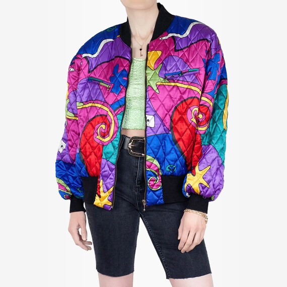 90s Bomber Jacket, Printed Bomber Jacket, Silky Bo