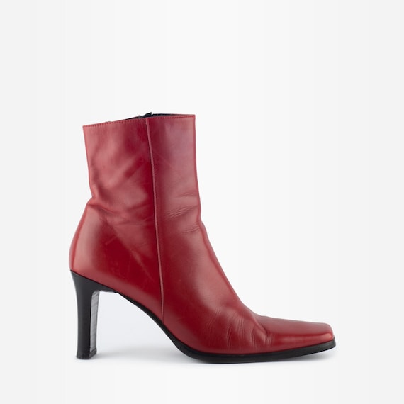 90s Ankle Boots, Red Leather Boots, Square Toe Boo