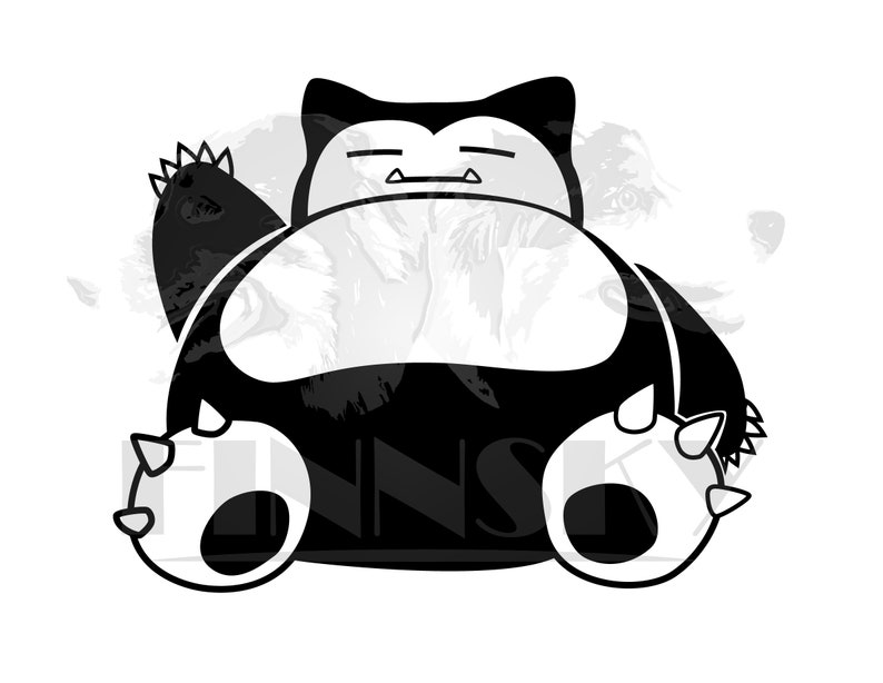 May include: Black and white cartoon illustration of a Snorlax Pokemon sitting down with its arms outstretched.
