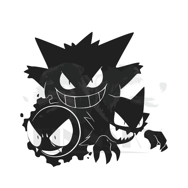 May include: A monochrome illustration featuring three cartoon ghost characters with sharp teeth and menacing expressions. The characters are layered, with one in the foreground and two behind, set against a white backdrop.