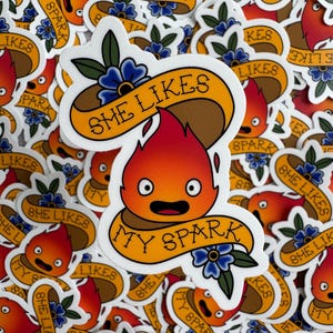 May include: A collection of stickers featuring a cartoon flame character with the text "SHE LIKES MY SPARK" on a banner. The stickers are in shades of orange, red, brown, and yellow, with blue floral accents. The stickers are a fun, whimsical design.