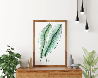 Watercolor IllustrationPoster BANANA tropical leaves, printed drawing to offer, postcard to offer, gifts, poster, message card