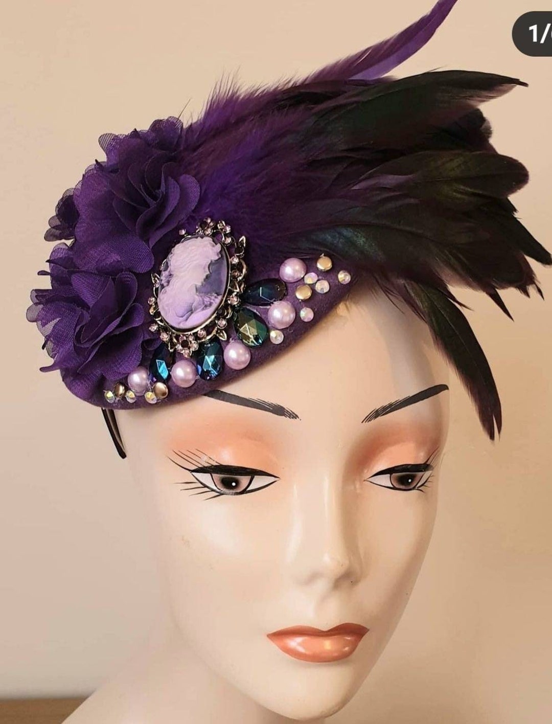 Purple Lilac Green Feather Pillbox Hat Fascinator Headpiece Wool