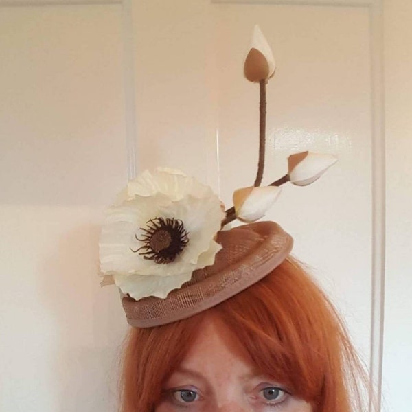 Mocha  brown ivory chocolate Flower fascinator sinamay hatinator Hat races Wedding pillbox hat headpiece womens