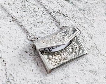 Silver Envelope Locket, Stainless Steel LocketNecklace, Small Locket, Vintage Locket, Personalised Locket, Personalized Necklace, Gift