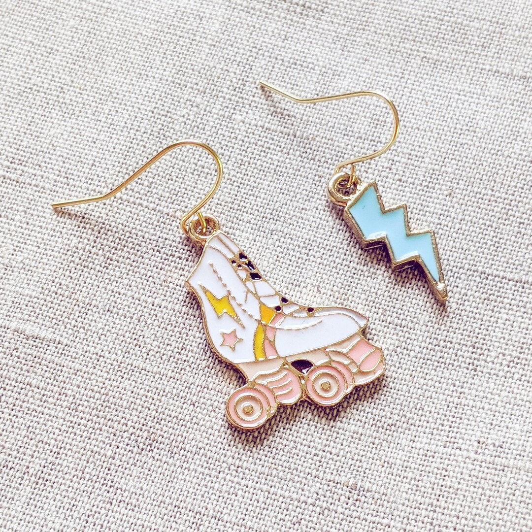Roller Skate Earrings Roller Derby Asymetrical Earrings Lightning Bolt