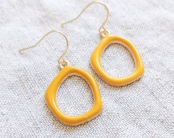 Uneven Hollow Round Circle Earrings, Mustard Yellow Irregular Geometric Earrings, Cool Unique Unusual Funky Enamel Chic Everyday Earrings