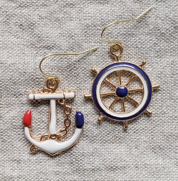 Nautical Earrings Asymmetrical Anchor Helm Wheel Mast Ship | Etsy