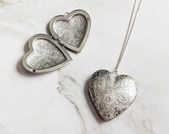 Silver Heart Necklace, Silver Heart Locket, Large Locket, Personalised Necklace, Big Heart Locket, Victorian Locket Necklace, Picture Locket