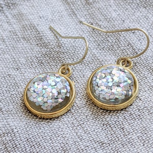 Glitter Sparkle Earrings Silver Gold Rainbow Glitter Jewelry Round Earrings Sparkles Resin Earrings Sparkly Jewelry Holographic Earrings image 2