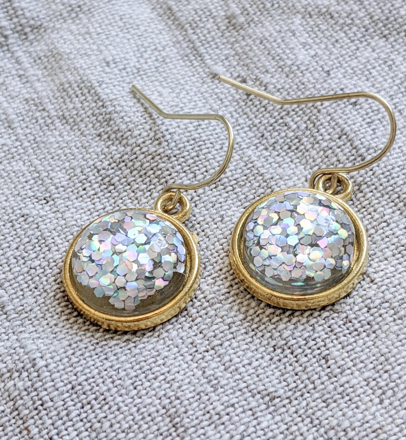 Glitter Sparkle Earrings Silver Gold Rainbow Glitter Jewelry Round Earrings Sparkles Resin Earrings Sparkly Jewelry Holographic Earrings image 2