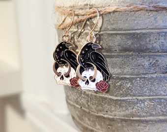 Raven Earrings, Witchy Moon Metaphysical Skull Earrings, Lunar Moon Earrings, Gothic Style Earrings, Unique Gift for her, e-girl coven