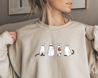 Halloween Sweatshirt + Hoodie. Cat Ghosts UNISEX Halloween Crewneck. Cute Ghost Boo Crew. Vintage Black Cat Sweater. Spooky Season Hoodie.