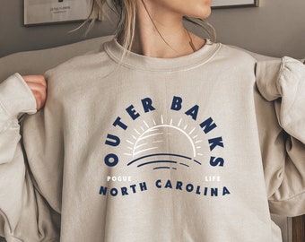 Outer Banks Sweatshirt. Vintage Pogue Life Hoodie. OBX North Carolina shirt. Paradise on Earth gift for teens, women + men. Wavy Navy Blue.