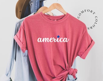 AMERICA Script 4th of July Comfort Colors Shirt. Retro USA summer tee. Vintage American Independence Day T-shirt. Red White and Blue Shirt.