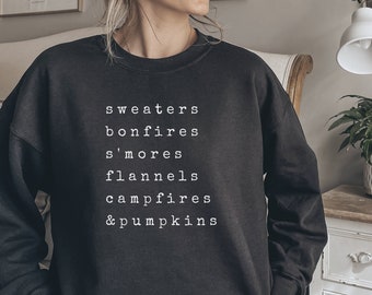 Fall Essentials Sweatshirt. Adult Unisex Autumn hoodie. Vintage Sweaters, Campfires, Flannels & S'mores. Hello pumpkin weather shirt.