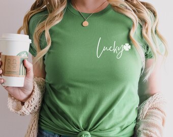 St Patrick's Day Shirt - Lucky Minimal Pocket Tee. Saint Patty's Day Shamrock Shirt. Irish Teacher tshirt. Four Leaf Clover - Mom Luck Gift.