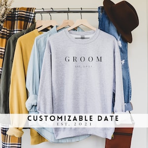 Groom Sweatshirt. Custom Groom shirt. Wedding gift Est 2021 for Groom. Bride and Groomsmen sweater. Matching couples engagement. Serif. image 3