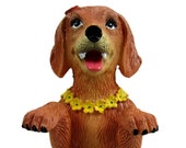 Dashboard Hula Dog Golden Retriever Car Bobblehead Figurine 6 Inches Green Grass Skirt Hawaiian Lei Desk Mantle