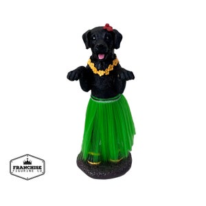 Dashboard Hula Dog Black Labrador Retriever Car Bobblehead Figurine 6 Inches Green Grass Skirt Hawaiian Lei Desk Mantle