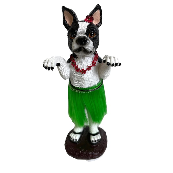 Hula Boston Terrier Gift Dog Doll Dashboard Car Accessories Bobblehead for Van Life and Beach Creations