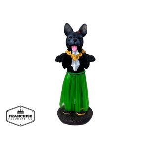 Dashboard Hula Dog French Bulldog Gift Car Bobblehead Figurine 6 Inches Green Grass Skirt Hawaiian Lei Desk Mantle