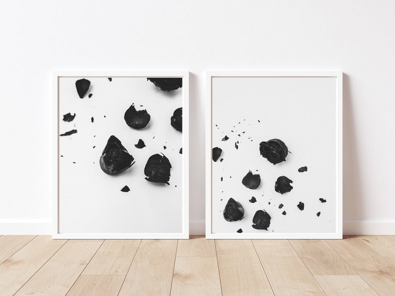 May include: Two framed black and white photographs of scattered black rose petals on a white background.