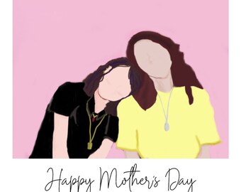 May include: A digital illustration of two women with brown hair, one wearing a black shirt and the other wearing a yellow shirt, on a pink background. The text "Happy Mother's Day 5.10.2020" is below the image.