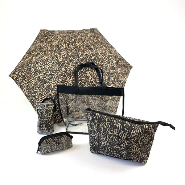 Clear PVC Tote Bag with leopard printed bag liner, cosmetic bag, umbrella, umbrella holder