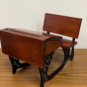 Vintage Dollhouse Wooden School Desk Cast Iron Frame | Size 8" x 12.5" x 8.5"