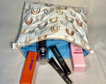 Trousse de toilette maquillage arc-en-ciel en coton matelassé avec fermeture à glissière