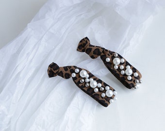 Leopard Faux Pearl Hair Tie | Knotted Ponytail Holder