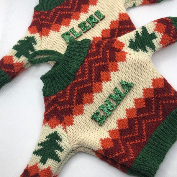 Personalized Ugly Christmas Sweater Hanging Tree Ornament. 11”x6.5” Knitted green, red/cream. Hang on tree, wreath, or mantle Hostess Gift