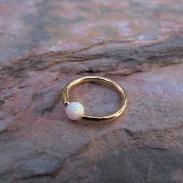 Gold White Fire Opal Bead CBR Ring Hoop 16G (1.2mm) 14G (1.6mm) Nose Cartilage Septum Lip Piercing 316L Surgical Steel