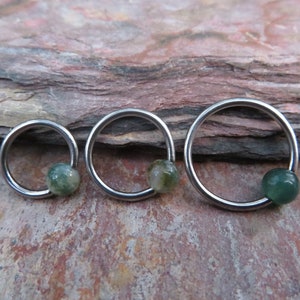 Natural Moss Agate Stone Bead Steel CBR Ring Hoop 16G (1.2mm) 14G (1.6mm) Nose Cartilage Septum Lip Piercing 316L Surgical Hypoallergenic