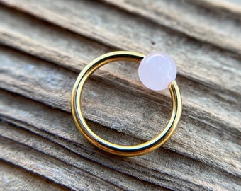 Natural Pink Rose Quartz Stone Bead Gold Titanium Plated CBR Ring Hoop 16G 1.2mm 14G 1.6mm Nose Cartilage Septum Piercing 316L Steel